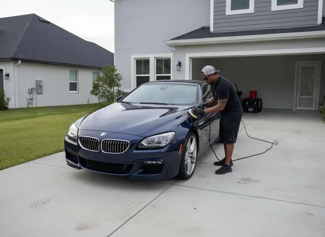 Man polishing a blue BMW car on a driveway in front of a house.