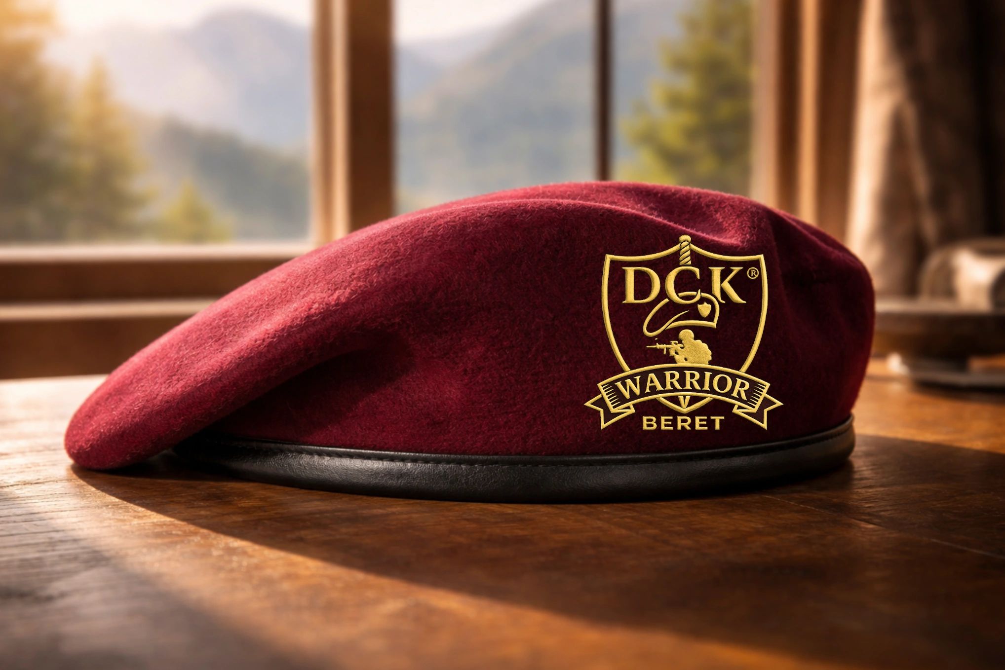 100% Wool Maroon Beret with gold embroidered DCK® WARRIOR BERET Logo