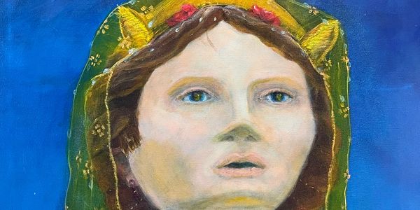Painting of a woman with horns and a green veil.