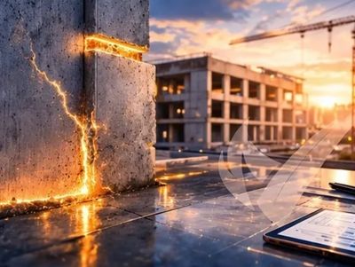 Glowing cracks on concrete at a construction site during sunset.