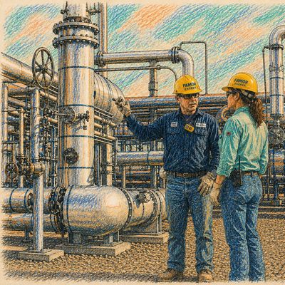 Two workers in hard hats discussing at an industrial plant with pipes.