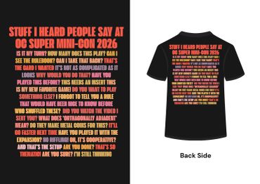 Text-heavy design listing phrases from OG Super Mini-Con 2026 on a black and red shirt.