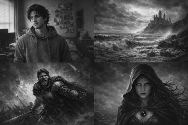 A collage of a young man, stormy castle, warrior, and mysterious sorceress in black and white.