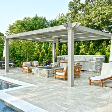 outdoor pool area with pergola, wet bar, and fire pit