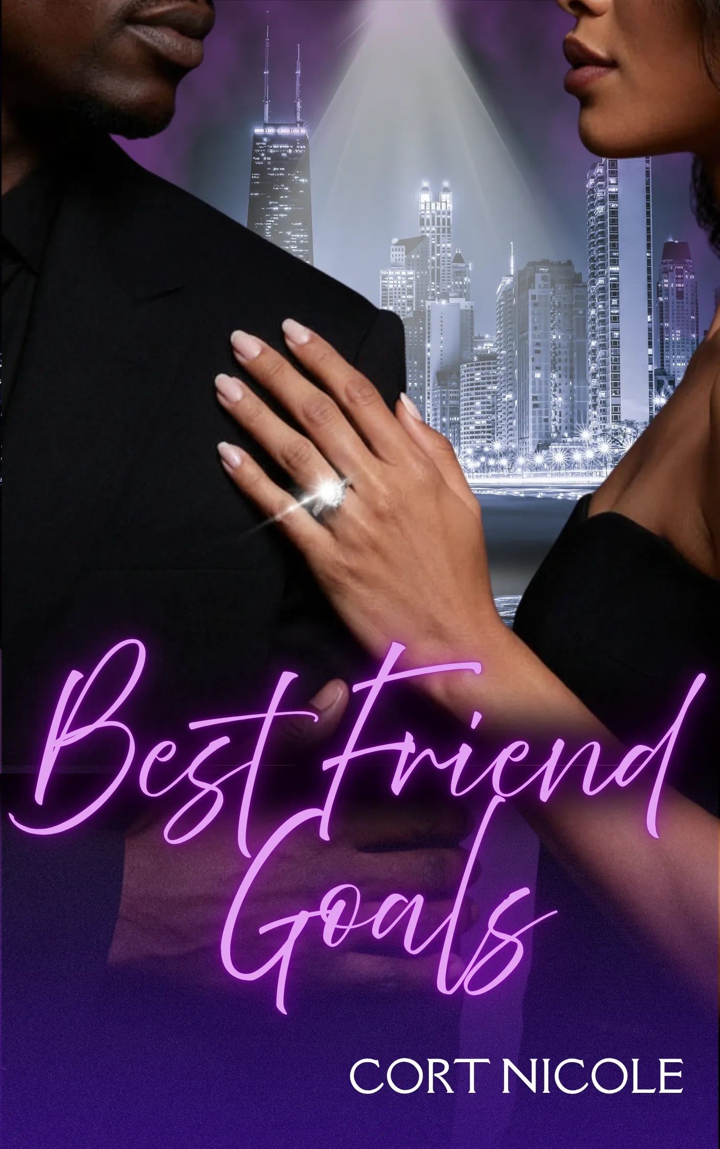 Couple showing engagement and love with city skyline backdrop.