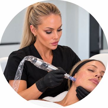 Woman receiving a facial treatment with a device.