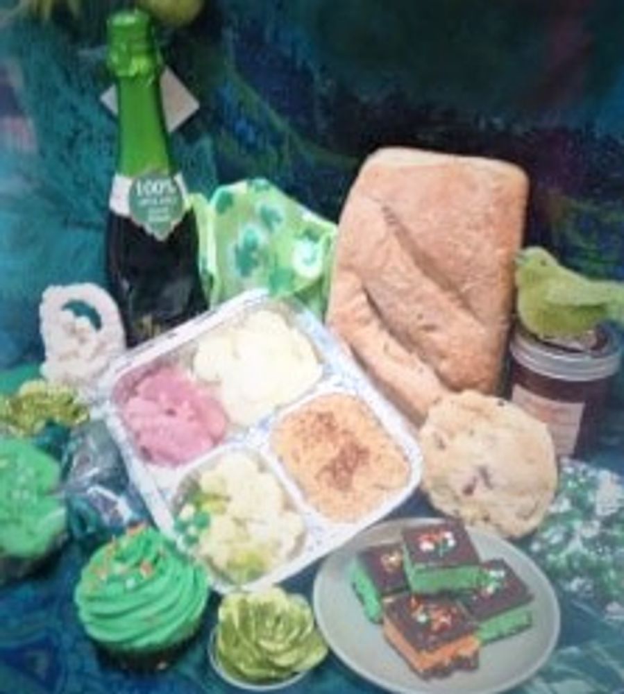 Ham & Scalloped Potatoes frozen dinner, fresh baked bread, Jam and scones, St. Patrick's cookies, cu