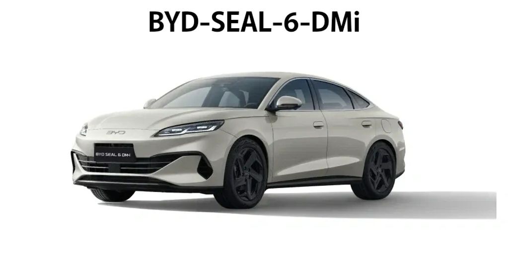Sleek beige BYD-SEAL-6-DMi sedan with modern design and black wheels.