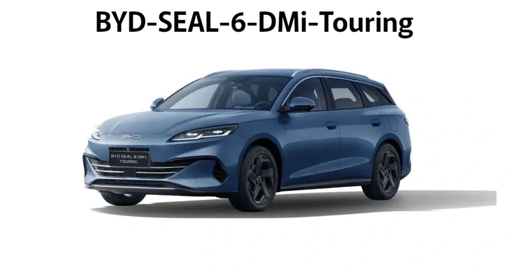 Blue BYD SEAL 6 DMi Touring electric station wagon on white background.