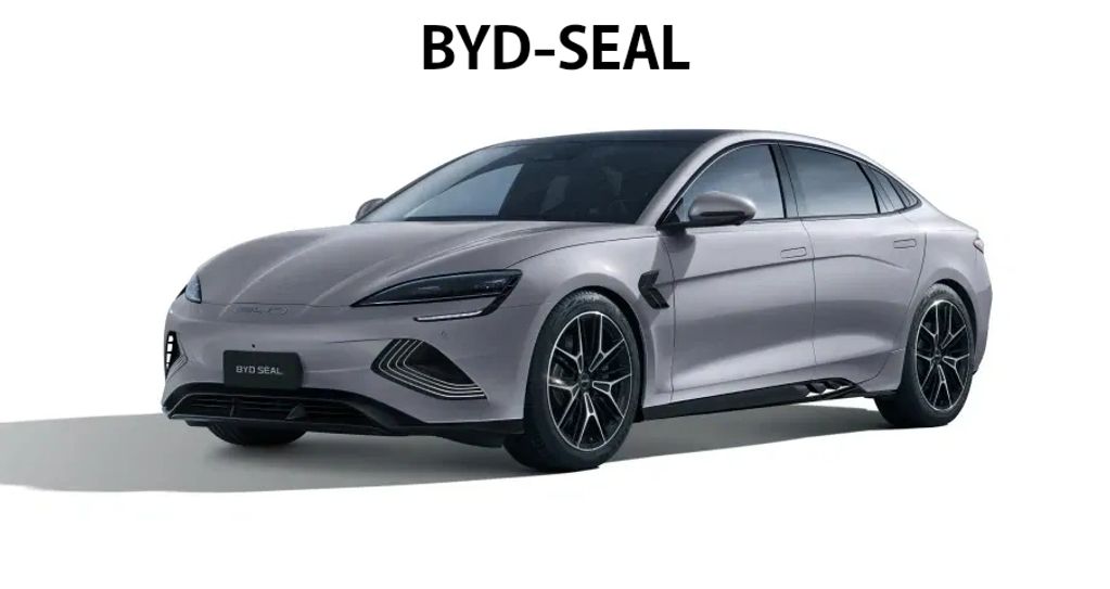 Sleek silver BYD-SEAL electric sedan with modern design.