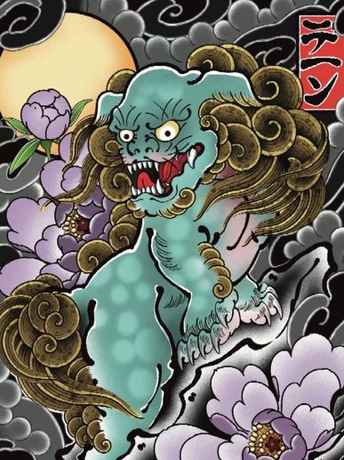 A fierce mythical creature with flowing mane amidst flowers and clouds.