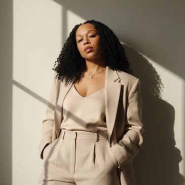 Woman in beige suit leaning against wall with shadow.