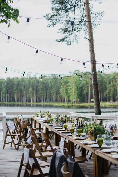 Outdoor table setting by lake