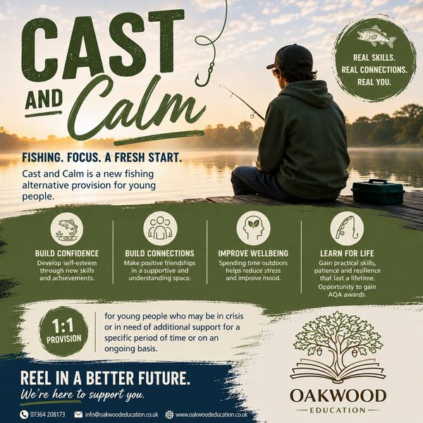 Young person fishing calmly by a lake promoting Oakwood Education's Cast and Calm program.