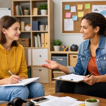 A tutor and student engaged in a friendly study session.