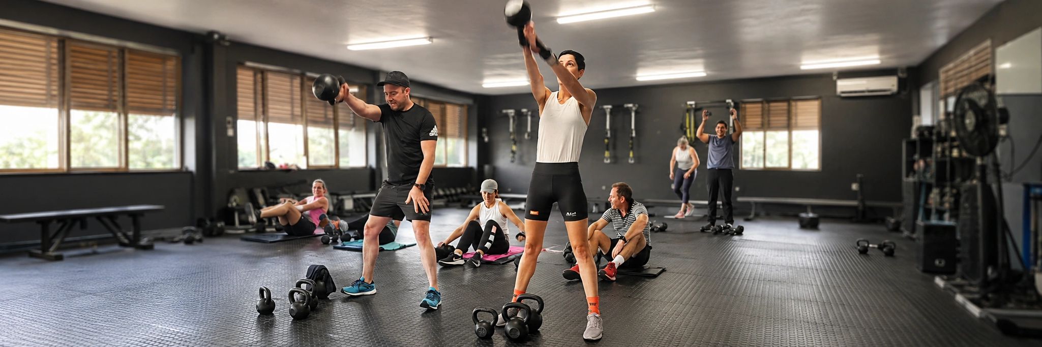 Group workout session with kettlebells in a gym.