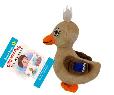 duck plushie reading a book