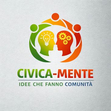 Logo with two heads, light bulb, and gears symbolizing ideas and community.