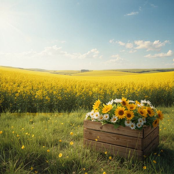 Wooden crate with sunflowers and daisies in a sunny field of yellow flowers.