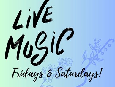 Poster announcing live music on Fridays and Saturdays with a guitar illustration.