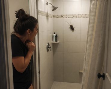 A woman reacts with shock to a large cockroach in the shower.