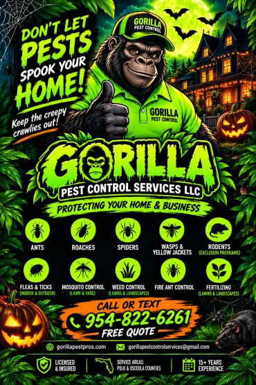 Gorilla Pest Control ad featuring a gorilla mascot and contact info.