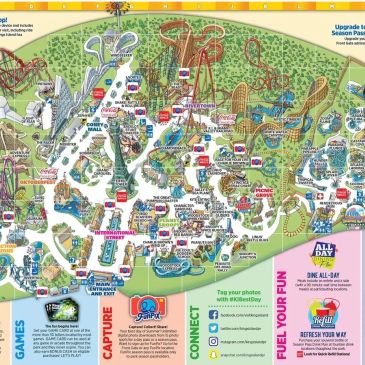 Theme park map with various rides and attractions.