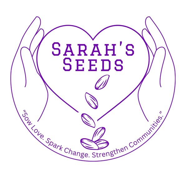 Logo of Sarah's Seeds with heart, hands, seeds, and tagline about growth and community.