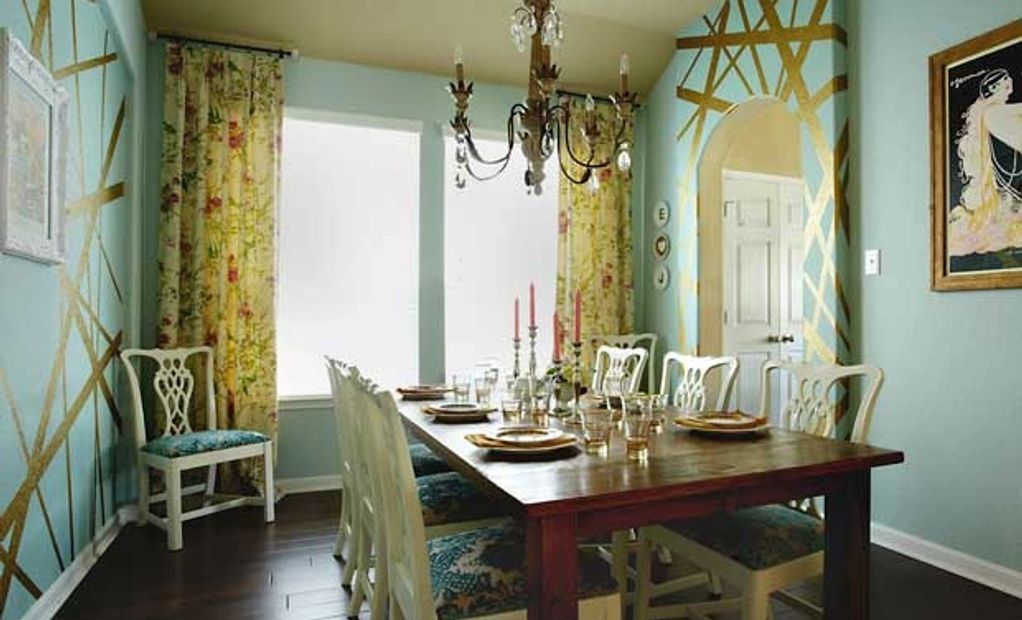 Formal dining room paint treatment blue and gold