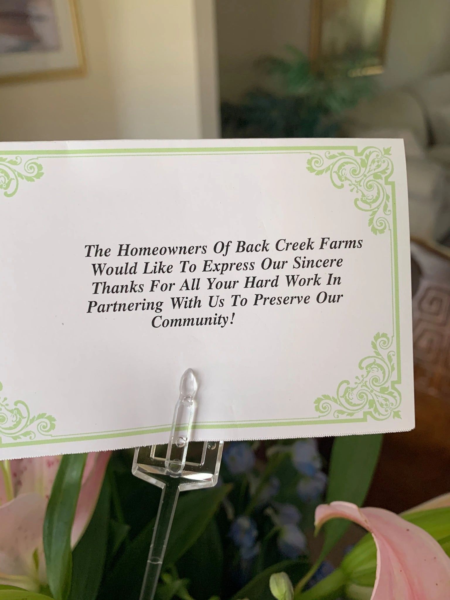 Thank you note from Back Creek Farms homeowners for community preservation efforts.