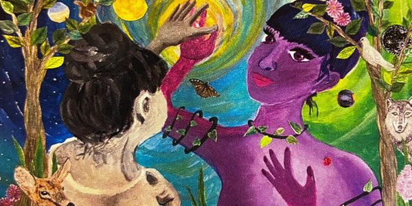 Surreal painting of two women, one purple, surrounded by nature and cosmic elements.