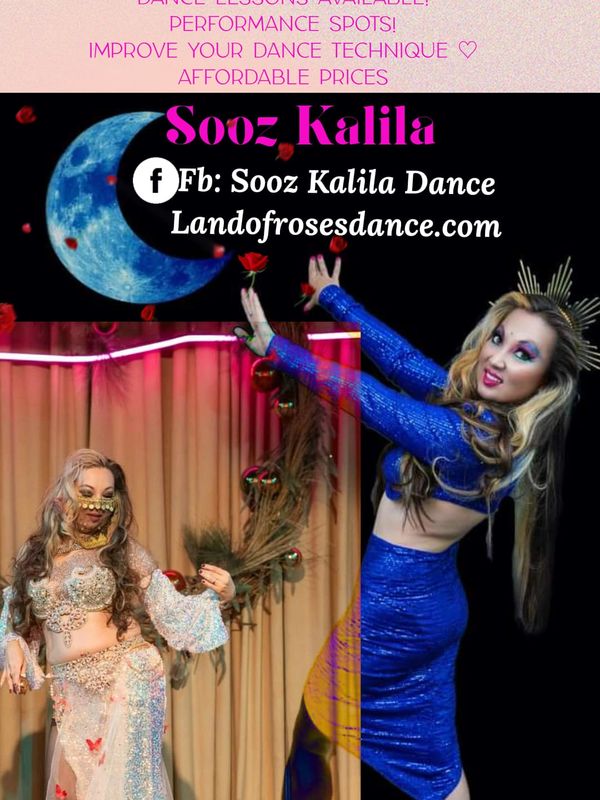 Promotional poster for Sooz Kalila Dance classes and performances.
