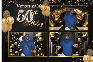 Collage celebrating Veronica's 50th birthday with gold and black decorations and a man posing in three photos.