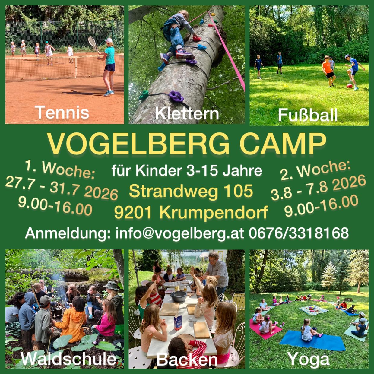 Kinder erleben Tennis, Klettern, Fußball, Waldschule, Backen und Yoga im Vogelberg Camp.