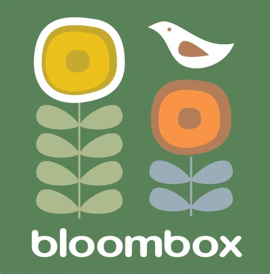 Stylized flowers and a bird with the word 'bloombox' on green background.