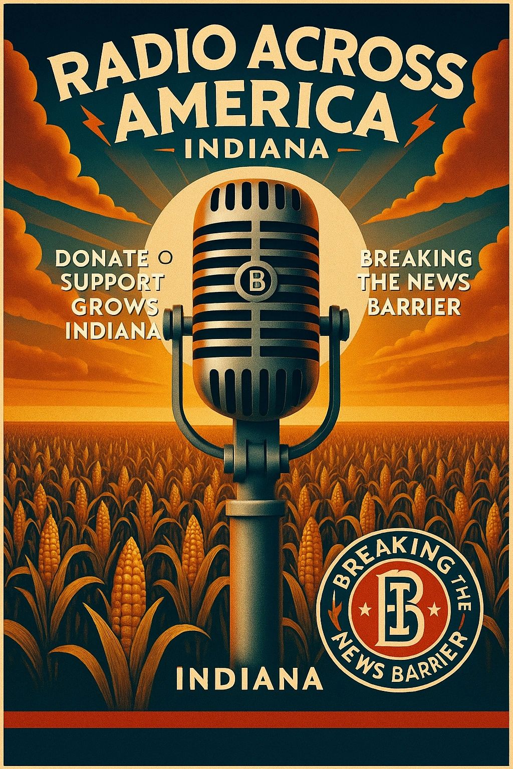 Vintage-inspired Indiana radio poster with golden cornfields, retro mic, and bold Breaking The News