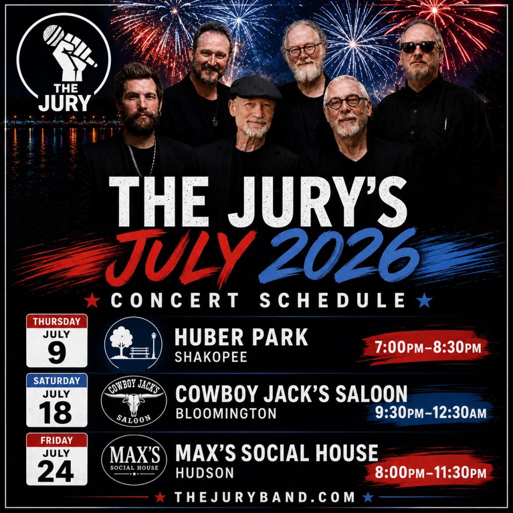 The Jury's July 2026 concert schedule with three event dates and locations.