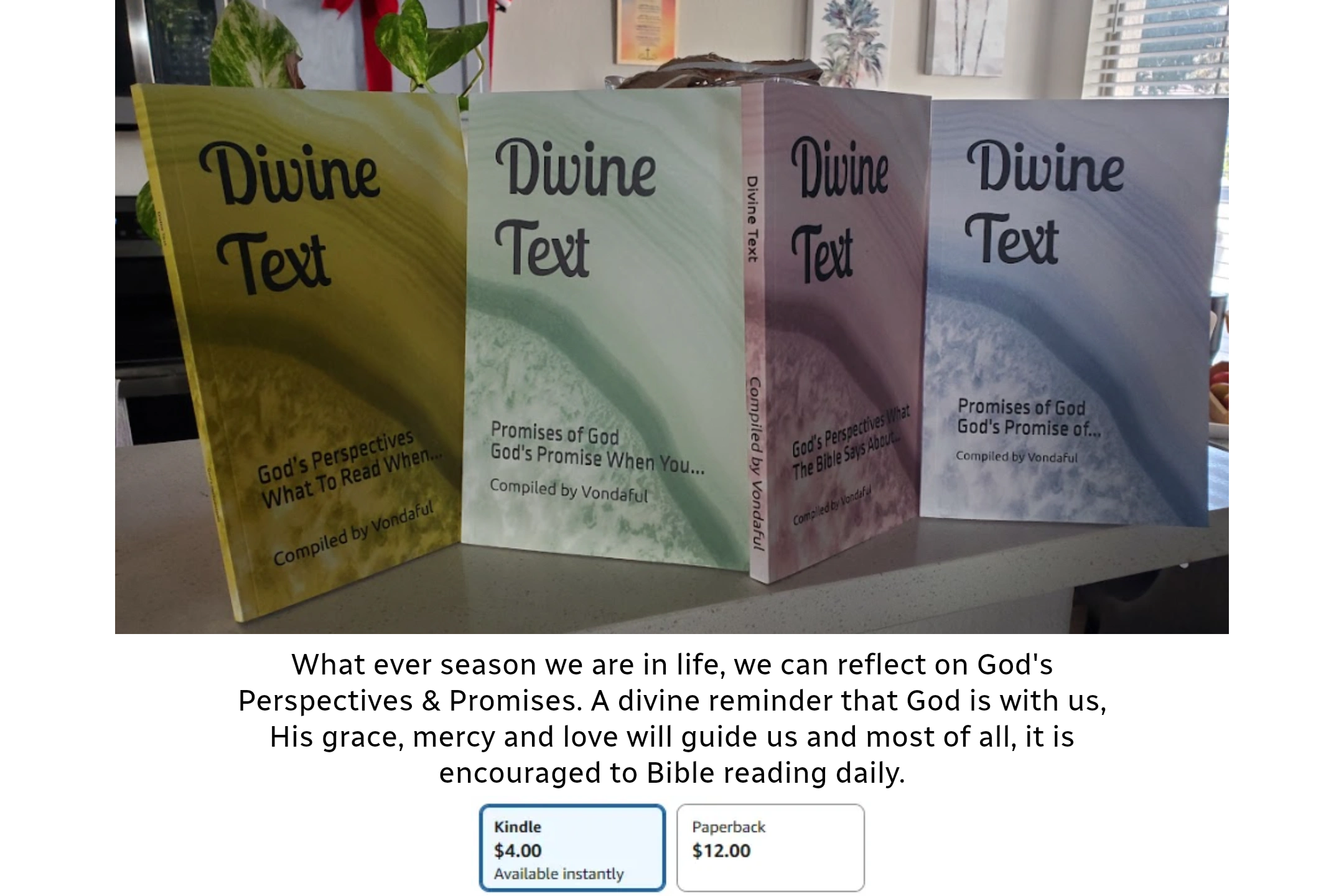 Two book covers of 'Divine Text' in green and blue with pricing details.