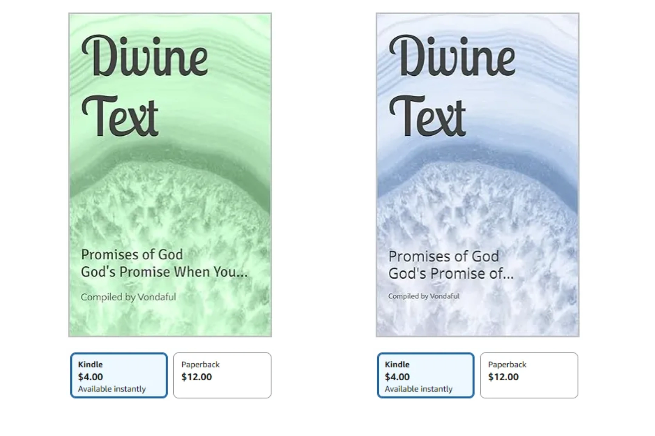 Two book covers of 'Divine Text' in green and blue with pricing details.