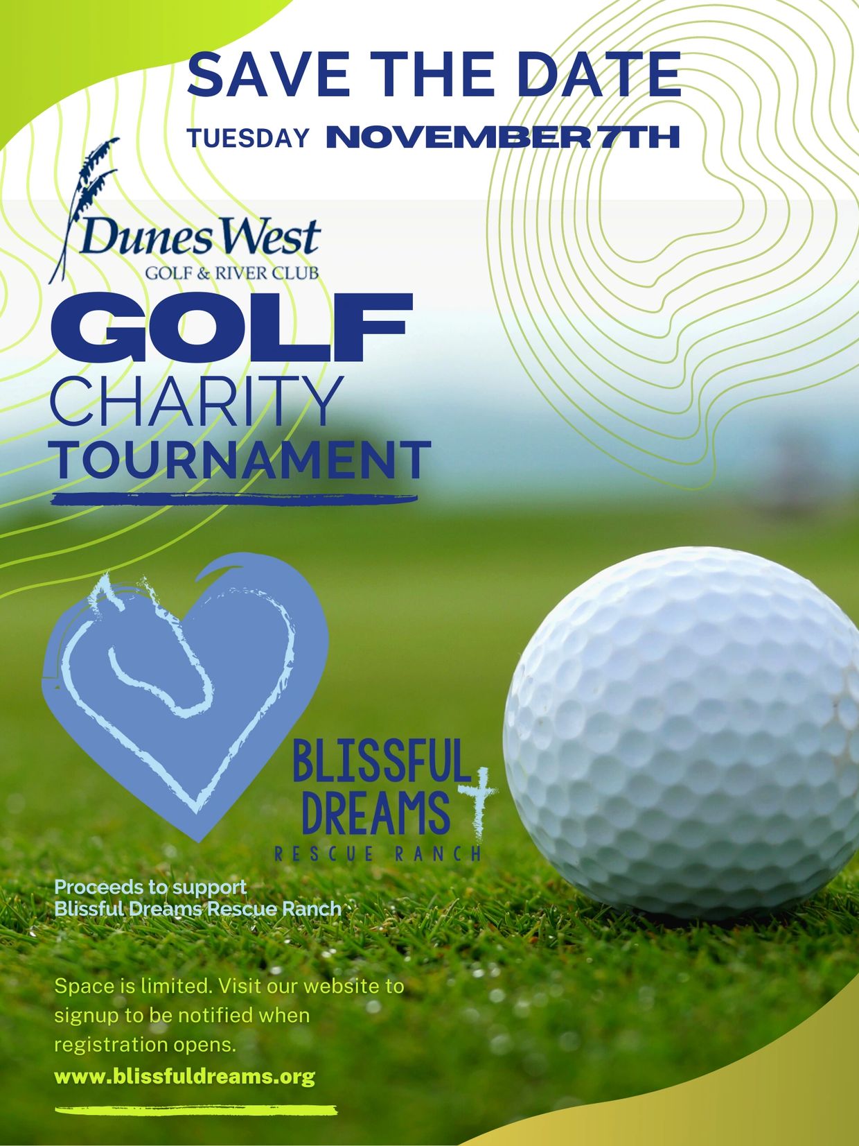 Save the date for a charity golf tournament supporting Blissful Dreams Rescue Ranch.