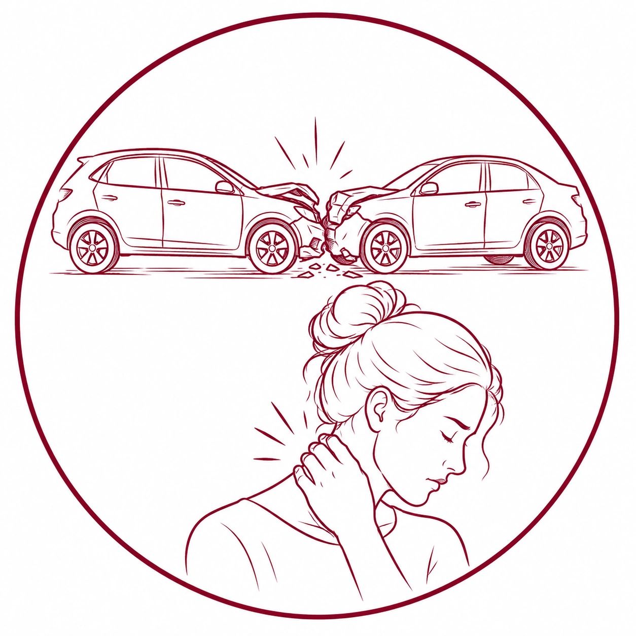 Illustration of car accident and neck pain.