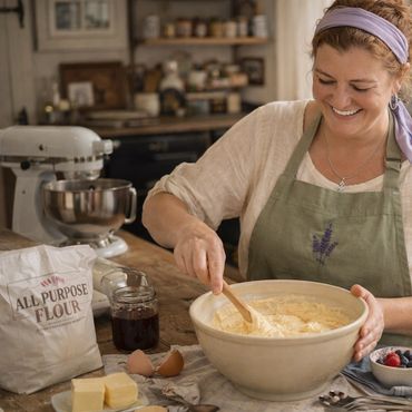 Woman happily mixing batter in a cozy kitchen.