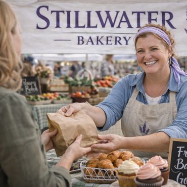 A smiling vendor hands a paper bag to a customer at a bakery stall.