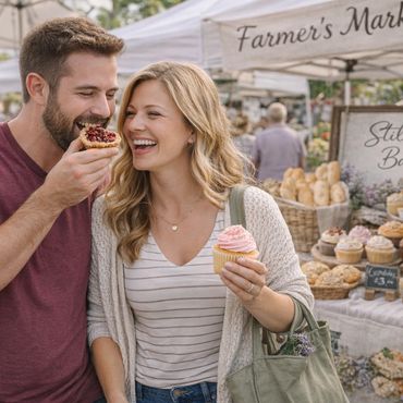 Couple enjoying baked treats at a farmers market bakery stall.