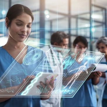 Medical professionals interacting with futuristic holographic health data displays.