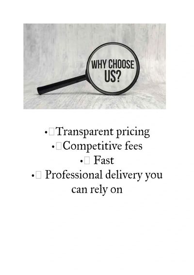 Magnifying glass with 'WHY CHOOSE US?' and a list of service benefits below.