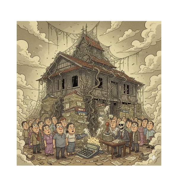A crowd watches a skeleton stamping documents amid piles of papers and a decaying house covered in vines and cobwebs.