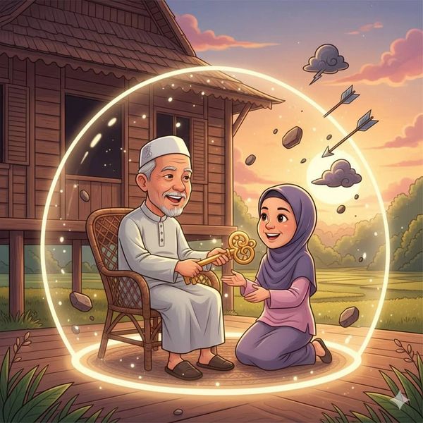 An elderly man gives a magical key to a young girl, protected by a glowing shield.