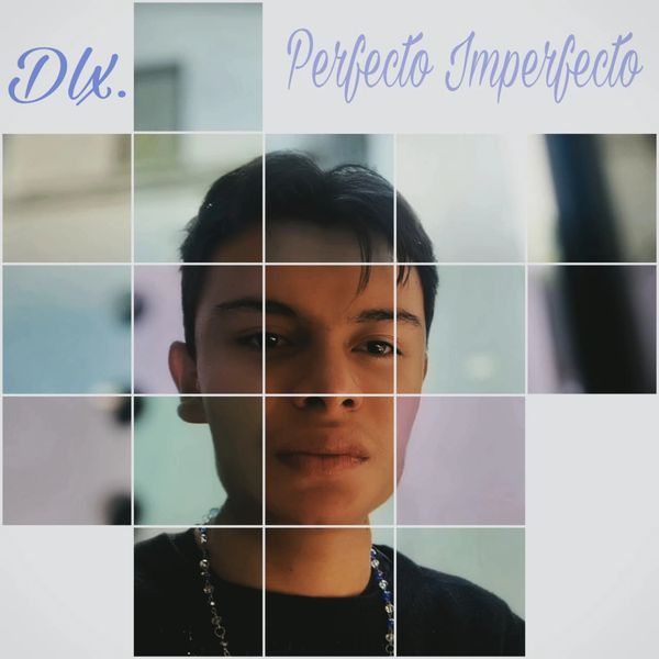 Portrait of a young man with a fragmented grid design and text.