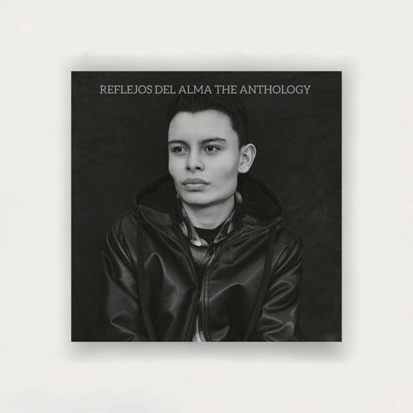 Black and white portrait of a person in a leather jacket titled 'Reflejos Del Alma The Anthology'.